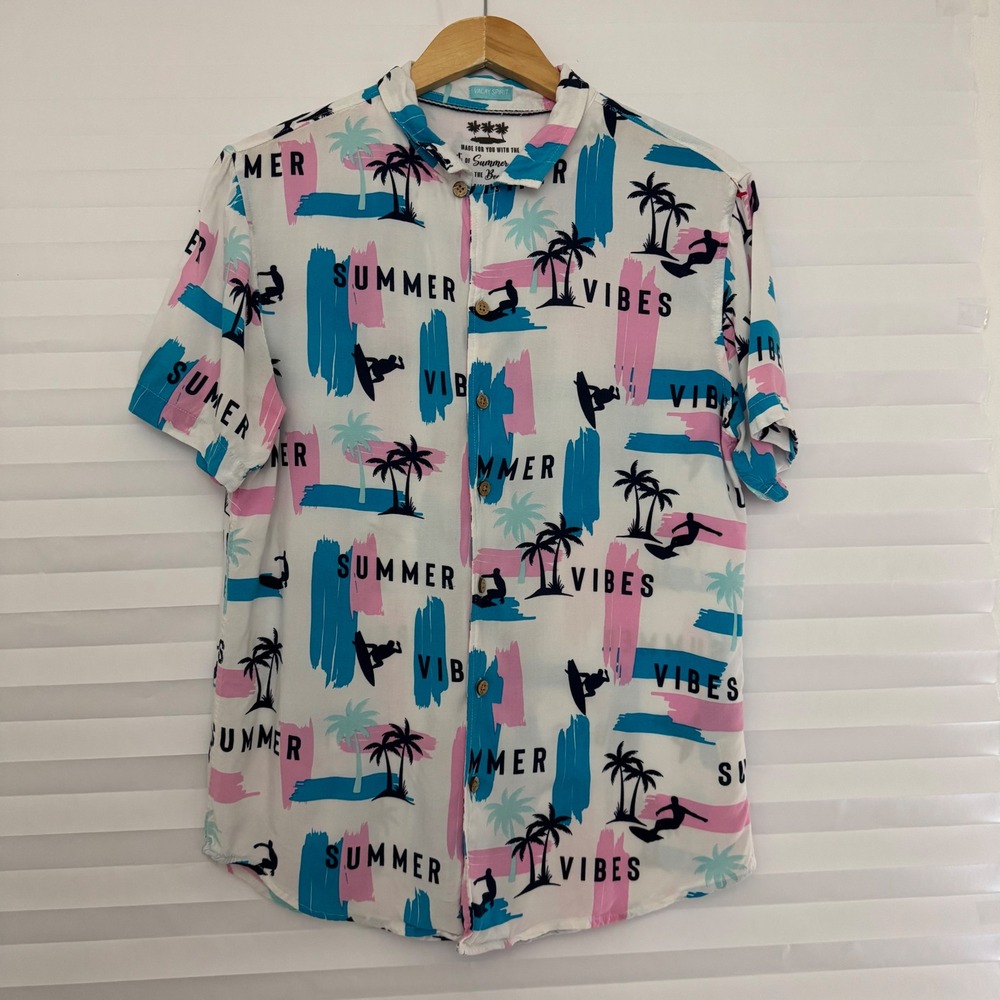 Vacay Spirit Men's Summer Vibes Rayon Button Down Shirt Tropical Surfer Large
